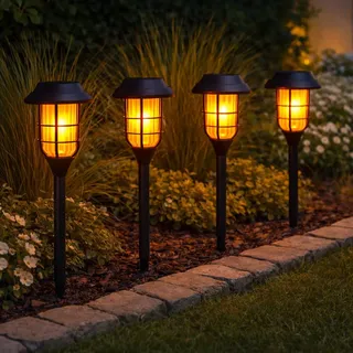 Festive Lights 4er Set LED Solarleuchten Garten mit Flammeneffekt Flackernde Flamme Solar Gartenleuchten für Außen Solar Wegeleuchten Wegbeleuchtung (Laternenform)