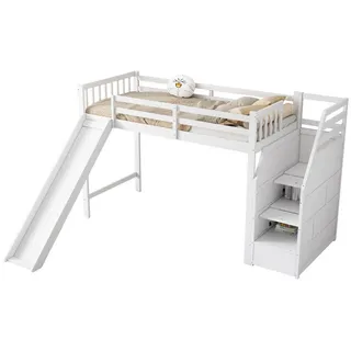 SOFTWEARY Hochbett mit Lattenrost und Rutsche (90x200 cm) Kinderbett mit Rausfallschutz, Einzelbett weiß