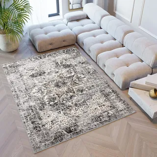 TAPISO Valley Teppich Kurzflor Vintage Grau Schwarz Blumen 200 x 300 cm | Orientalisch Used Effekt Meliert Verwischt Wohnzimmer Schlafzimmer OEKO-TEX