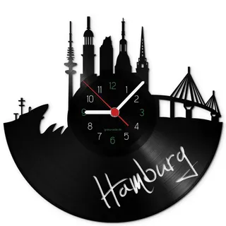 GRAVURZEILE Schallplattenuhr - Skyline Hamburg 2018 - Wanduhr aus gegossenem Vinyl mit Stadt Skyline 30 cm - Upcycling Design-Uhr Wand-Deko Vintage Wand-Dekoration Retro-Uhr - Made in Germany