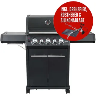 SANTOS Gasgrill S-318 | Seiten- & Heckbrenner | All Black inkl. Drehspieß | Rostheber & Silikonablage