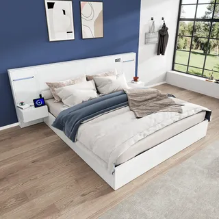 Merax LED Doppelbett Holzbett 160x200 cm mit Bluetooth-Lautsprecher, LED Farblichtleiste & USB-Anschluss, Bettgestell mit Uhr & 2 Nachttischen, Weiß – ohne Matratze