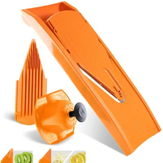 Börner Gemüsehobel V1 ClassicLine Basis-Set (4-tgl.) • V-Hobel Klassiker + Fruchthalter + Scheiben und Sicherheitseinschub • Gemüsereibe für Scheiben • Küchenhobel (Orange)