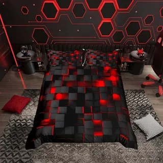 Loussiesd Rot und Schwarz Geometrisch Bettwäsche Set 135x200cm für Kinder Jungen Mädchen Geometrie Dekor Bettbezug Set Modern 3D Quadrat Bettwäsche Teenager Erwachsene, Weiches Mikrofiber