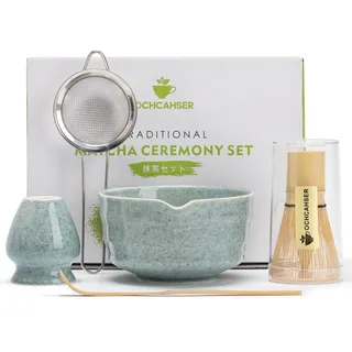 Ochcahser Matcha-Set - Keramik Matcha-Schüssel, Bambus-Schneebesen, Schaufel und Sieb, 480 ml, melierte blaue Glasur