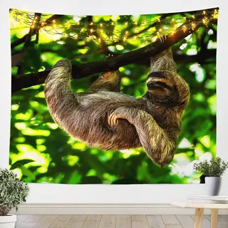Homemissing 3D Faultier Tapisserie Niedliches Tier Wandbehang für Kinder Jungen Mädchen Teenager Äste Wandteppich 175x230cm botanische Blätter Wandtuch