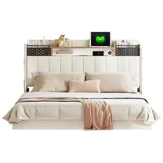 OKWISH Polsterbett Stauraumbett Gästebett Doppelbett (Multifunktionales Kopfteil mit USB-Steckdose, Kopfteil für Ablage und Stauraum mit Handytasche), Schwebebett Jugendbett Erwachsenenbett, Leinenstoff beige