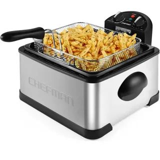 Chefman 4,3 Liter Fritteuse mit Sieb, XL Jumbo Größe, Einstellbare Temperatur & Timer, Perfekt für Frittierte Hähnchen, Garnelen, Chips & Mehr, Abnehmbarer Öl-Behälter, Edelstahl