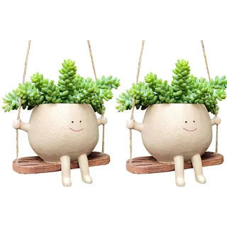GUAHKUN Hängende Blumentöpfe mit Swing Face, Swinging Plant Pots, Langlebiger Pflanztopf für die Wand, Niedlicher Blumentopf mit Lächelgesicht und Schaukel für Haus und Garten (2 x A)