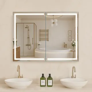 Vevor beleuchteter Medizinschrank mit Spiegel (60 x 80 cm) Wandmontage, 3-farbig dimmbarer LED-Badezimmerschrank mit HD-Spiegel, Memory-Funktion/verstellbaren Regalen, Stauraum/Steckdosen und USBs