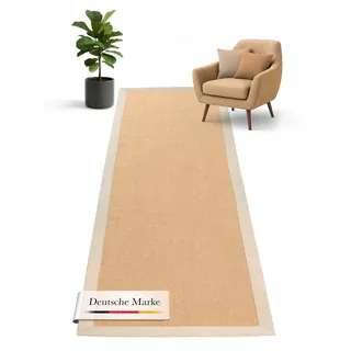 carpetfine Sisalteppich Läufer Naturfarbe 75x350 cm handgewebt mit Bordüre aus Baumwolle in Creme | Rutschfester Flachgewebe Teppichläufer Uni aus Naturfasern für Wohnzimmer, Schlafzimmer