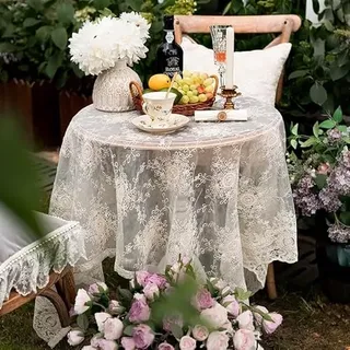 Yaland Elegante Landhausstil Tischdecke mit Blumenstickerei aus Baumwollspitze Spitzentischläufer Kuchenstandstaubschutz Tischwäsche Tischtuch 1 Stück Beige LxB 180x130cm