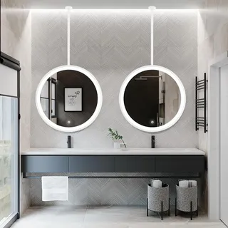 LED-Spiegel zur Deckenmontage, klar und praktisch | Moderner runder Hängespiegel für Badezimmer, Schminkspiegel, Wohnzimmer, Schlafzimmer, Eingang, dekorativer Spiegel – Weiß(Diameter-70CM/27.6INCH)