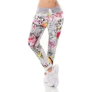 Zeralda Fashion Damen Hose Jogpants Baggy Boyfriend Freizeithose Graffiti Wolf Print 36-40 Made in Italy - 36-40