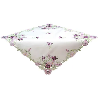 Quinnyshop Lila Schmetterlinge und Blumen Stickerei Mitteldecke 85 x 85 cm Polyester, Weiß