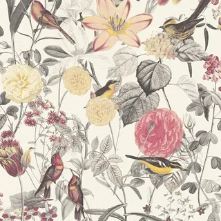Bricoflor Englische Tapete mit Vögel Muster Rot Gelb Creme Vintage Blumentapete mit Vogel und Lilie Romantische Vlies Vogeltapete mit Blumen