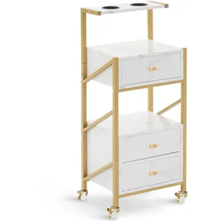 M MCombo Friseurwagen mit Rollen, 3 Schubladen, Rollwagen Servierwagen Salon Trolley, mit 2 Ablagen & 2 Föhnhalter, Moderner Arbeitswagen für Bad (Weiß-Gold)