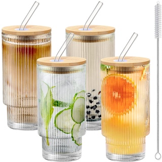 misognare Glasbecher mit Bambusdeckel und Strohhalmen, 340 ml, Eiskaffee-Glaswaren, klares Highball-Glas, 4 Stück (Tasse mit Deckel)