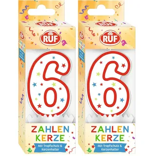 RUF Zahlenkerze Nummer 6, rote Geburtstags-Kerze mit bunten Sternchen, hochwertige Jubiläums-Kerze mit Tropfschutz, ideal als Kuchen Deko, 1 Stück (Packung mit 2)