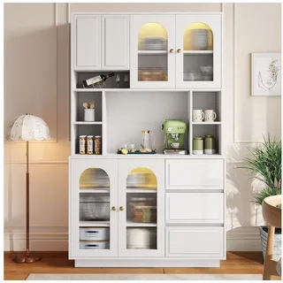 Celya Hochschrank Sideboard Küchen Staurschrank mit offenen Fächern (mit APP-gesteuerter farbverstellbarer LED-Beleuchtung) Bar-Schrank Küchen Staurschrank mit Bogen-Acryltüren weiß