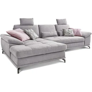 Cavadore L-Form-Sofa Castiel mit Federkern / Großes Schlafsofa in L-Form mit Bettkasten, Sitztiefenverstellung, Kopfstützen und XL-Longchair / 312 x 114 x 173 / Webstoff, Hellgrau