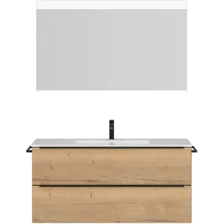 Badmöbel-Set NOBILIA "Levere", braun (eiche sierra nachbildung), B:121cm H:169cm T:48,7cm, Kastenmöbel-Sets, Badmöbel-Set, inkl. Spiegel mit Touch-Sensor, in vier Breiten