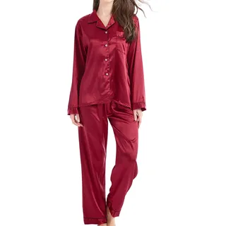 Damen Schlafanzug Pyjama Satin Lang Nachtwäsche Set Klassische Loungewear (Burgunder mit schwarzer Linie, M) - M