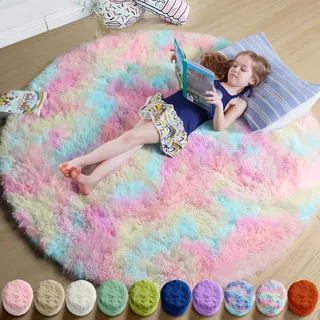 Flauschige Regenbogen-Teppiche für Mädchen, Schlafzimmer, 1.2 m, Einhorn-Raumdekoration, flauschiger Teppich für Wohnzimmer, Plüschteppich für Spielzimmer