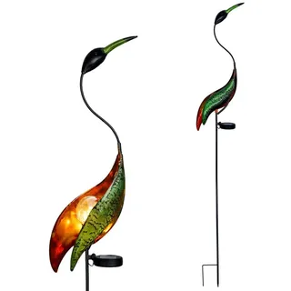 Spetebo LED Gartenleuchte Beetstecker Kranich warm weiß beleuchtet,120 x 26 cm, Dämmerungssensor, LED fest integriert, warm weiß, LED Solar Gartenstecker Fischreiher mit Crackle Glas Kugel