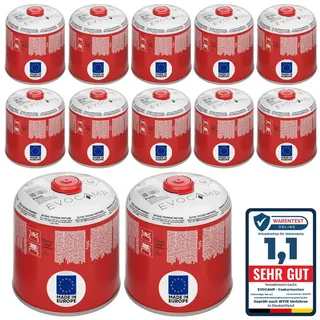 EVOCAMP Gaskartusche 12x Butangas Kartuschen 500g, Schraubkartusche mit Butan/ Propan Gas, 12 St. rot