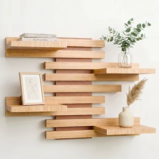 Qoka Crafts Wandregal Holz Schweberegal Hängend Massivholz (Terracotta) | Modulares Bücherregal Set, kleines Küchenregal und Wandboard für Wohnzimmer, Küche, Bad. Regalbrett Wanddeko für Pflanzen