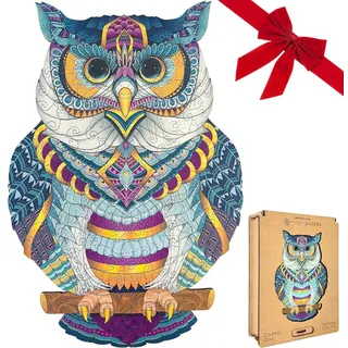 Lubiwood Verspielters Tierform-Holzpuzzle (42x29 cm) - Fördert Beobachtungsfähigkeiten und Zufriedenheit - kommt mit Holzgeschenkbox - (Kosmische Eule, Large (A3))