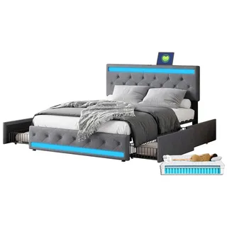 FUROKOY Polsterbett Doppelbett Stauraumbett mit 4 Schubladen (Mit Kopfteil und Lattenrost, Multifunktionales Bett), 140x200 cm,LED-Licht und USB,Gepolstert,Leinenmaterial,Mit Matratze grau