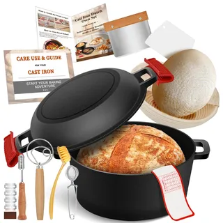 NZQXJXZ Gusseisen Topf Brot Backen Dutch Oven für Brotbacken, 26cm Brotbackform mit Banneton Brot Gärkorb Sauerteig Brotbacken Zubehör, 2-in-1 Brotbacktopf mit Pfanne Deckel Kochen Pan