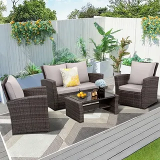 MEXO Gartenlounge-Set Balkonmöbel Set, Rattan Gartenmöbel Set, Lounge-Sets mit Tisch mit Stauraum, wetterfeste Terrassenmöbel Set für kleiner B... - Grau/Braun