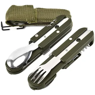 KGDUYC 2 Stück Outdoor Bundeswehr Besteck Edelstahl Campingbesteck Essbesteck Set 6 teilig Camping Besteckset - grün silber