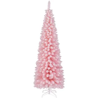 GYMAX 180 cm Künstlicher Weihnachtsbaum rosa, schlanker Tannenbaum mit 460 üppigen PVC-Zweigen & faltbarem Metallständer, Bleistift-Weihnachtsbaum für Weihnachtsdekorationen