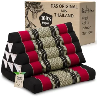 livasia Thaikissen mit 1 Auflage - 75x50x8cm - Dreieckskissen mit Sitzkissen, Keilkissen mit Kapok, Rückenkissen faltbar, Thaimatte zum Klappen, handgefertigt, Meditationskissen (Schwarz/Rot)