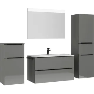 Nobilia Badmöbel-Set NOBILIA "Levere", grau (schiefergrau), B:210cm H:169cm T:48,7cm, Kastenmöbel-Sets, Hochglanz, inkl. Spiegel mit Touch-Sensor, in vier Breiten