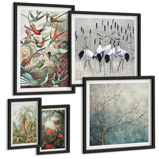 BILDER SET 5er Set - 50x50 cm & 20x30 cm & 40x60 cm Schwarzer Rahmen - Pastellfarbene Berglandschaft mit rosa Flamingos