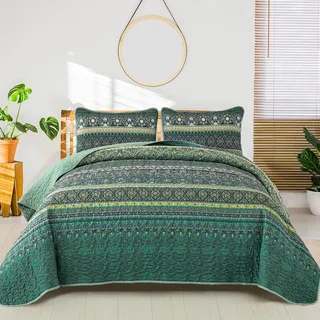 WONGS BEDDING Tagesdecke 200x220 Bettüberwurf Boho Decke Steppdecke 3 Teilig Doppelbett Gesteppt Bettdecke Mikrofaser Wohndecke mit 2 Kissenbezug 50x75 für Schlafzimmer als Sofaüberwurf (Grün)