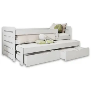 Deine Möbel 24 Kinderbett TED II Funtionsbett Ausziehbett für 2 Kinder 80x180 90x200 (Matratzen optional Weiß Grau Graphit, 3-tlg., Bett mit Lattenrost, 2 Schubladen, abnehmbarer Rausfallschutz), aus Massivholz Kiefernholz weiß