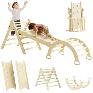 EXPERLAM Pikler Dreieck Set, 7 in 1 Faltbares Pikler Kletterset Holz Kleinkind Kletterspielzeug Indoor Kletterspielzeug für Kleinkinder 1-3 Innen, Baby Indoor Spielplatz Dschungel Gym für Kleinkind