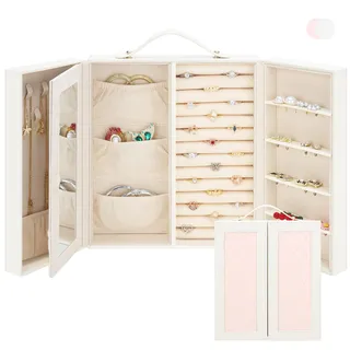 DesignSter Schmuckkästchen, Schmuckschatulle für Damen mit Spiegel, Reise Schmuckaufbewahrung mit Griff für Ringe, Ohrringe, Armbänder und Halsketten, Beige & Rosa