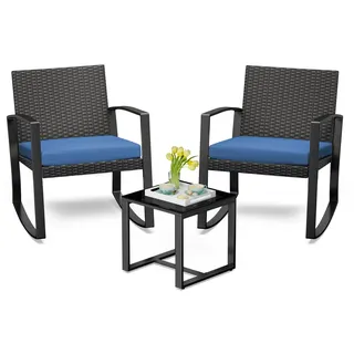 Bealife Rattan Balkonmöbel Set Balkon 2 Personen, Balkonmöbel Kleiner Balkon Outdoor, Balkonset 3 Teilig für Veranden, Innenhöfe, Terrassen, Balkone, Poolränder (Blau)