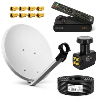 PremiumX Satelliten-Komplettanlage Satellitenschüssel 60cm Aluminium Hellgrau Quad LNB 50m Kabel SAT TV mini Receiver FullHD