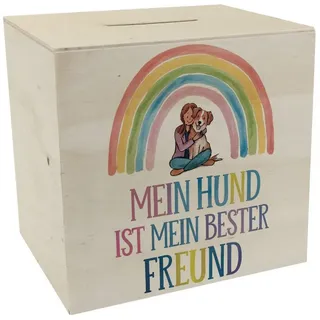 speecheese Spardose Bester Freund Spardose aus Holz - Frau umarmt Hund unter Regenbogen