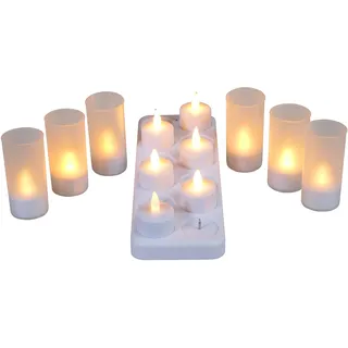 LED-Highlights 12er Set Deko Kerzen Led Teelichter gelb flackernd mit Windglas kabellos Akku aufladbar mit Ladestation Stimmungslicht