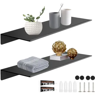 XIAQICA 2 Stück Wandregal Schwarz Hängeregal Bilderleiste Wandboard Schwebendes Regal Legierung Regalbrett mit 4 Schrauben 2 Kleber für Küche Büro Wohnzimmer Aufbewahrung Dekoration (L30 x B11.5cm