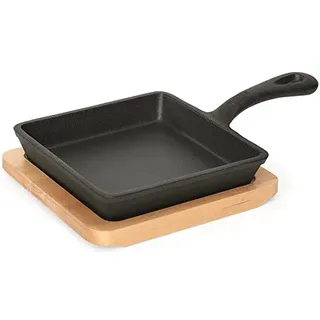 getgastro Quadratische Mini Servierpfanne aus Gusseisen – Mit Holzuntersetzer & Aufhängeöse, 14 x 14 x 2,5 cm – Robust & Praktisch